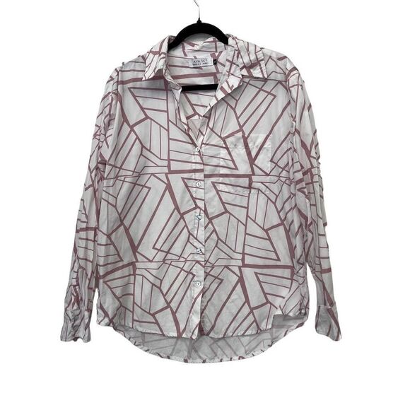 Ava Sky Women's Geometric Print Long Sleeve Button-Up Shirt Size M Pink White - Picture 1 of 5